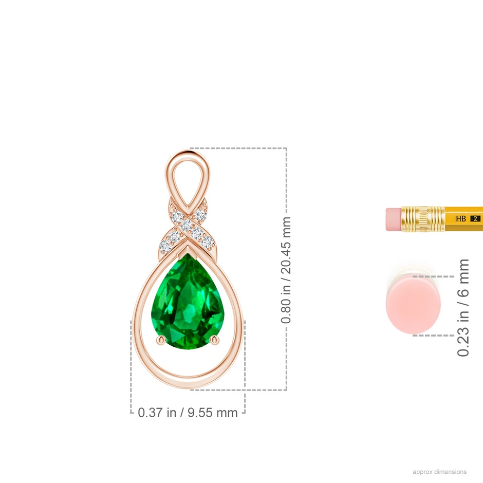 8x6mm AAAA Emerald Infinity Pendant with Diamond 'X' Motif in Rose Gold ruler