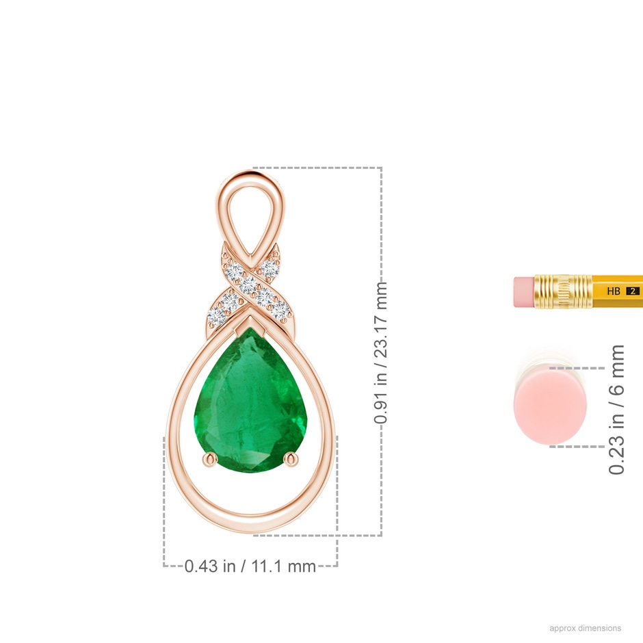 9x7mm AA Emerald Infinity Pendant with Diamond 'X' Motif in Rose Gold ruler