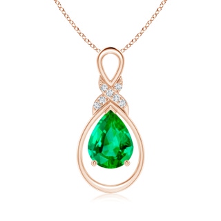 9x7mm AAA Emerald Infinity Pendant with Diamond 'X' Motif in 9K Rose Gold