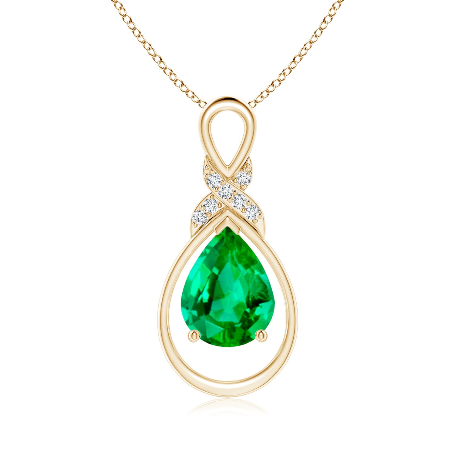 9x7mm AAA Emerald Infinity Pendant with Diamond 'X' Motif in Yellow Gold