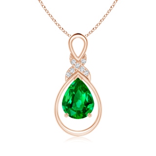 9x7mm AAAA Emerald Infinity Pendant with Diamond 'X' Motif in 18K Rose Gold