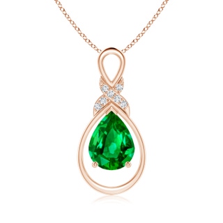 9x7mm AAAA Emerald Infinity Pendant with Diamond 'X' Motif in Rose Gold