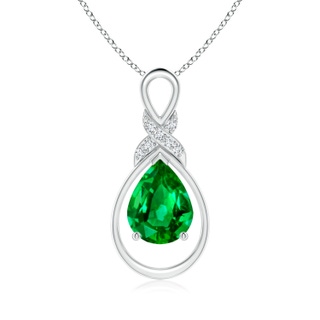 9x7mm AAAA Emerald Infinity Pendant with Diamond 'X' Motif in S999 Silver