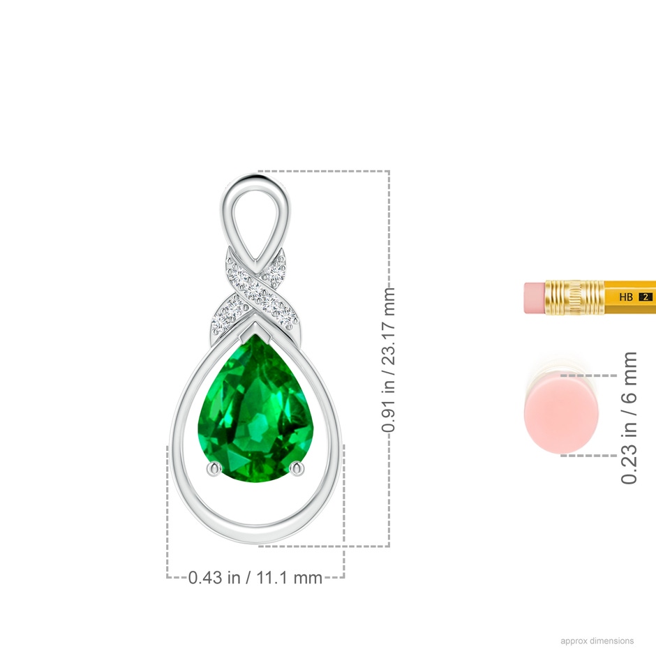 9x7mm AAAA Emerald Infinity Pendant with Diamond 'X' Motif in S999 Silver ruler