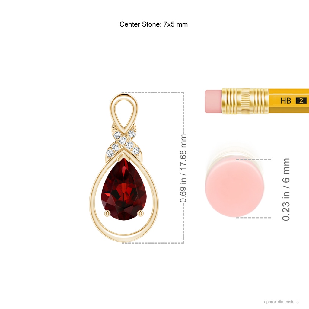 7x5mm AAA Garnet Infinity Pendant with Diamond 'X' Motif in Yellow Gold Ruler