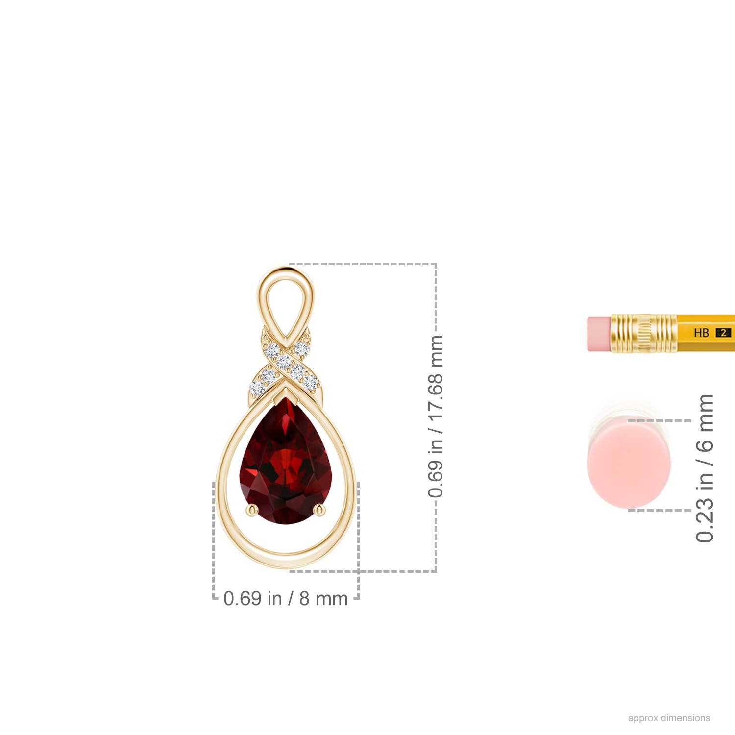 7x5mm AAA Garnet Infinity Pendant with Diamond 'X' Motif in Yellow Gold - ruler