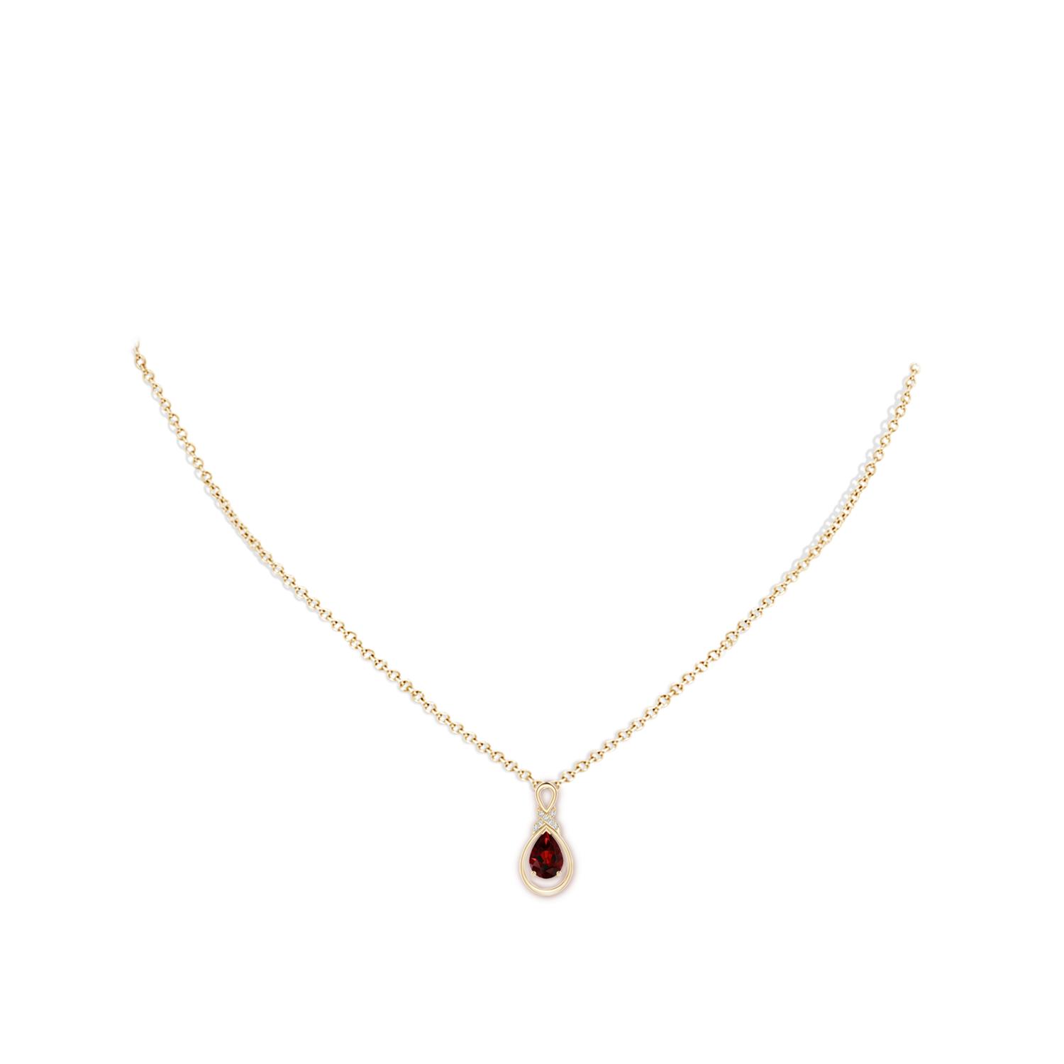 7x5mm AAA Garnet Infinity Pendant with Diamond 'X' Motif in Yellow Gold - body_neck