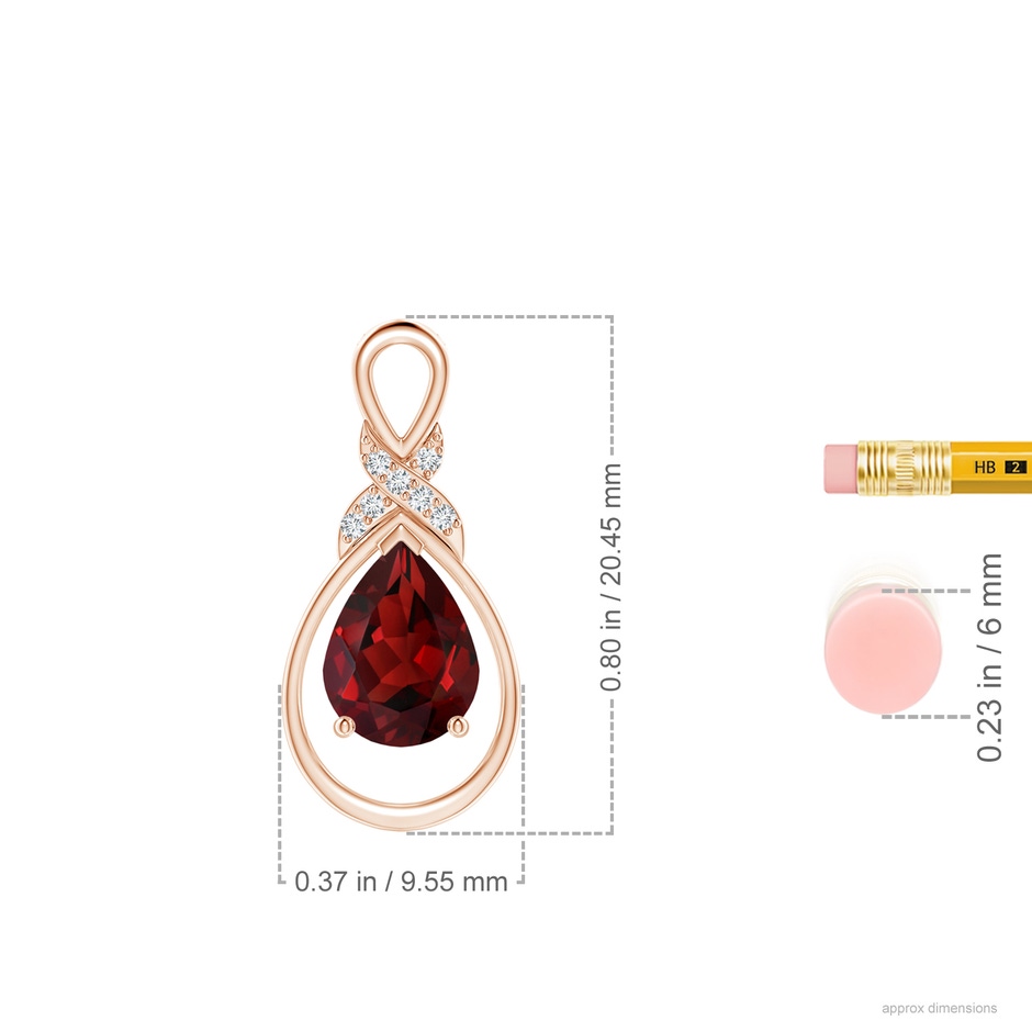 8x6mm AAAA Garnet Infinity Pendant with Diamond 'X' Motif in 18K Rose Gold ruler