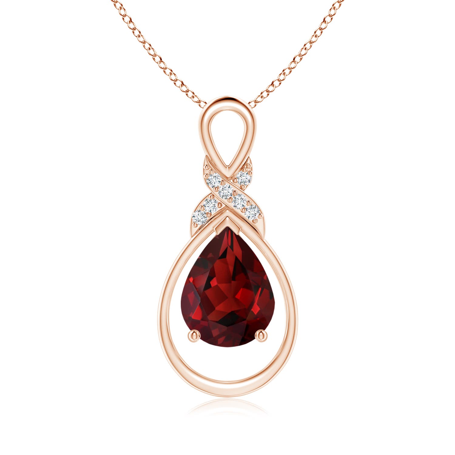 9x7mm AAAA Garnet Infinity Pendant with Diamond 'X' Motif in 18CT Rose Gold