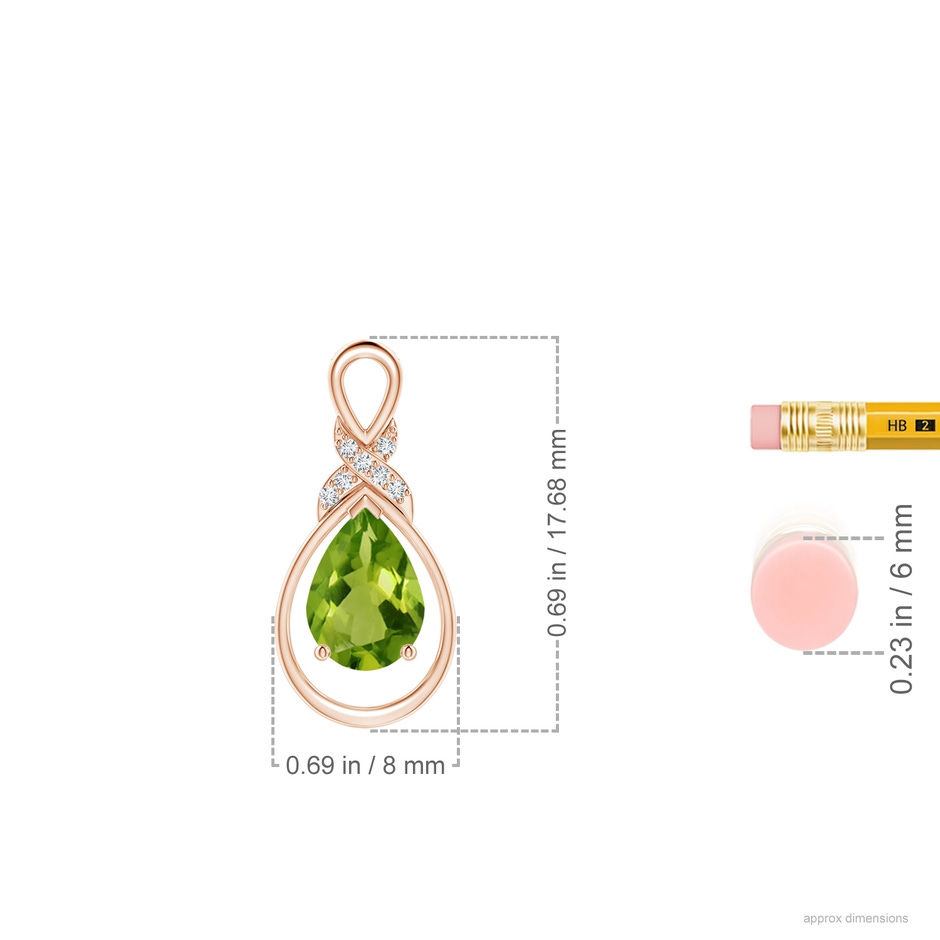 7x5mm AAAA Peridot Infinity Pendant with Diamond 'X' Motif in 9K Rose Gold ruler