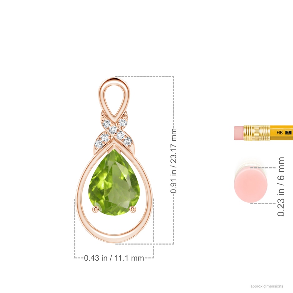 9x7mm AA Peridot Infinity Pendant with Diamond 'X' Motif in Rose Gold ruler