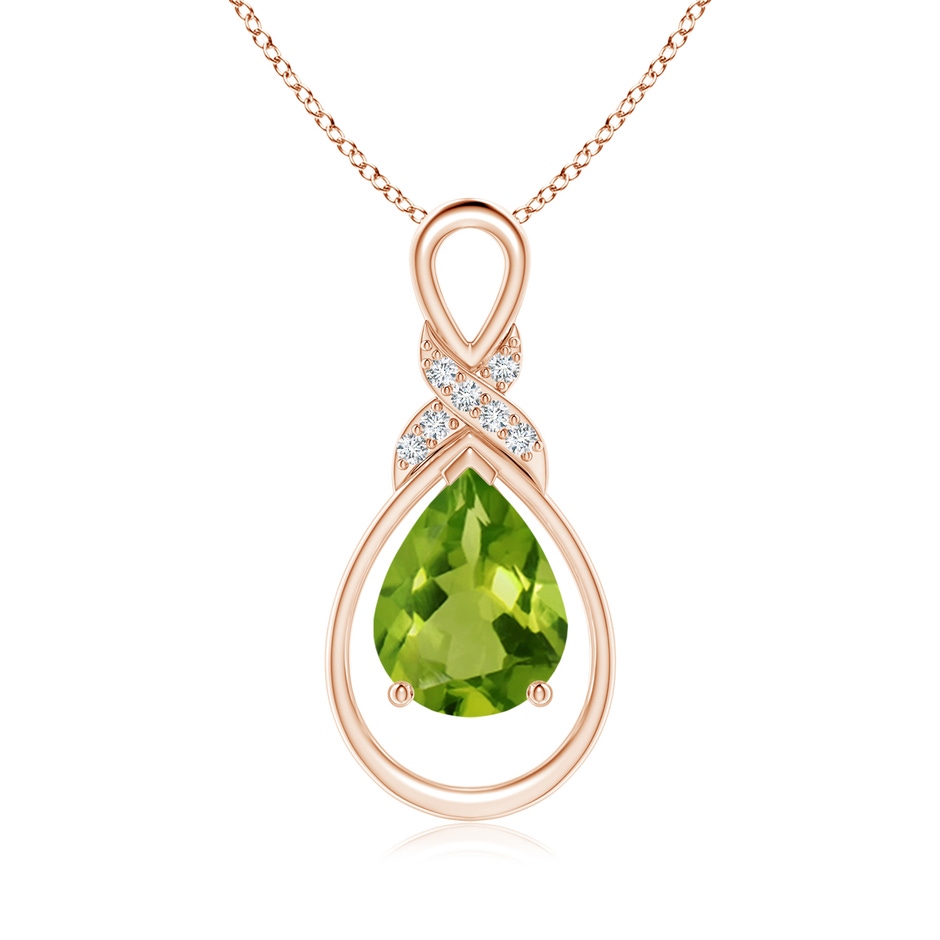 9x7mm AAAA Peridot Infinity Pendant with Diamond 'X' Motif in Rose Gold 