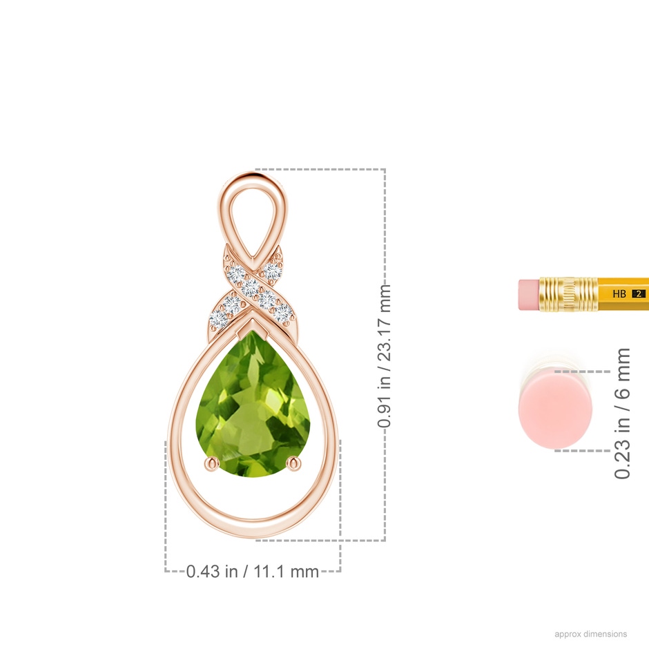 9x7mm AAAA Peridot Infinity Pendant with Diamond 'X' Motif in Rose Gold ruler