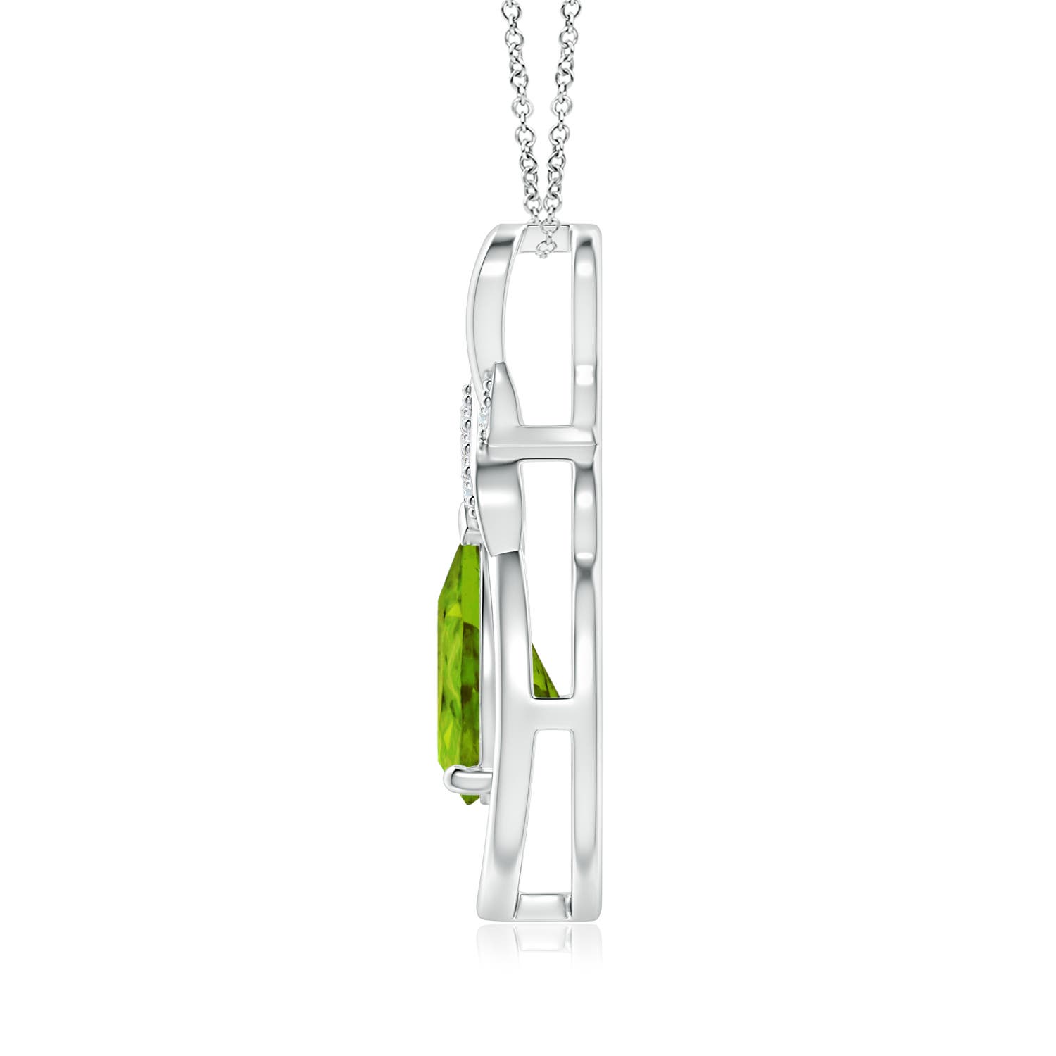 9x7mm AAAA Peridot Infinity Pendant with Diamond 'X' Motif in White Gold - side 2