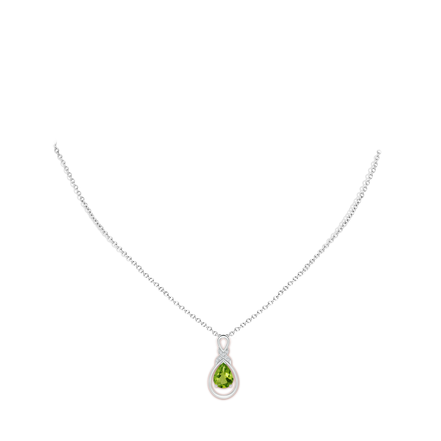 9x7mm AAAA Peridot Infinity Pendant with Diamond 'X' Motif in White Gold - body_neck