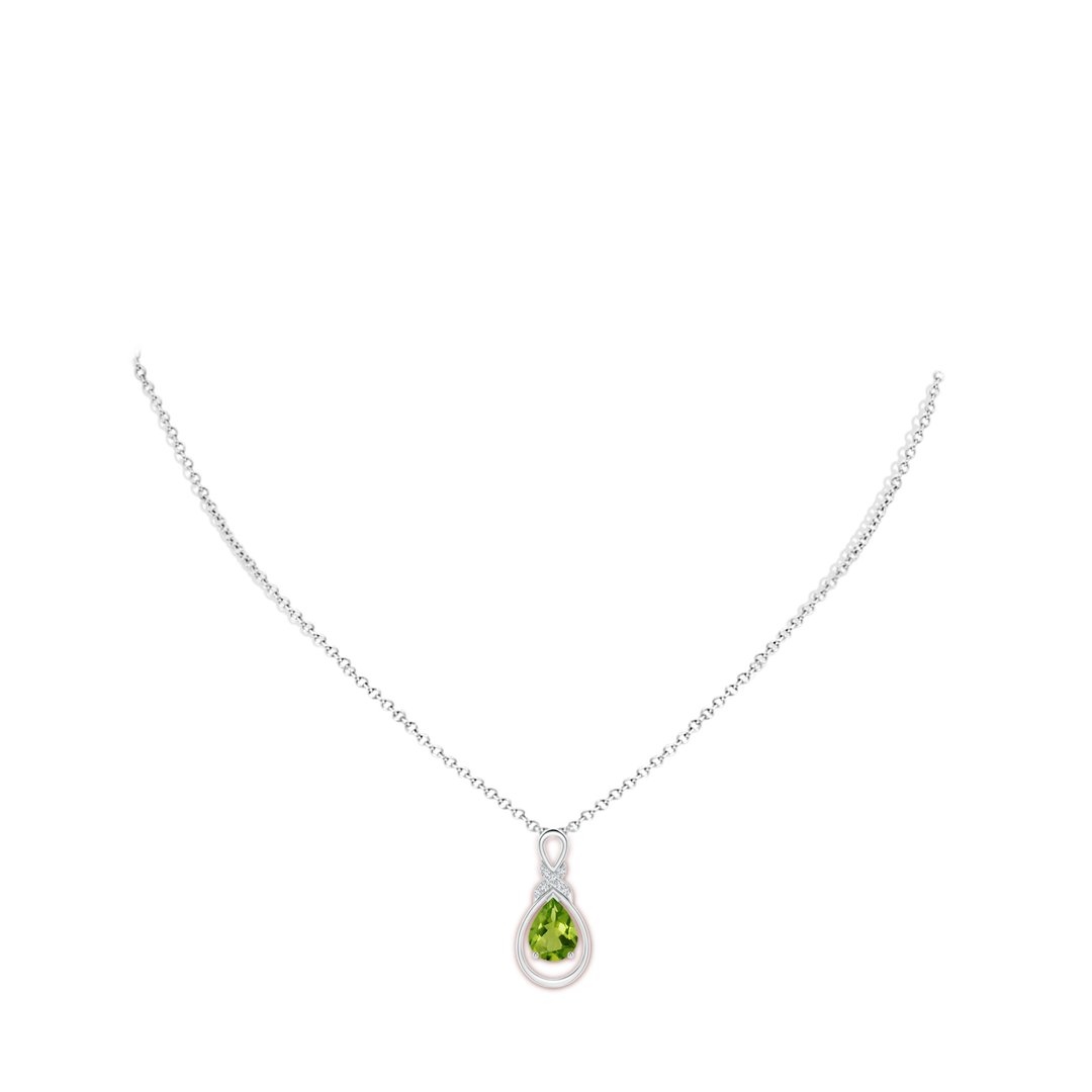 9x7mm AAAA Peridot Infinity Pendant with Diamond 'X' Motif in White Gold - body_neck