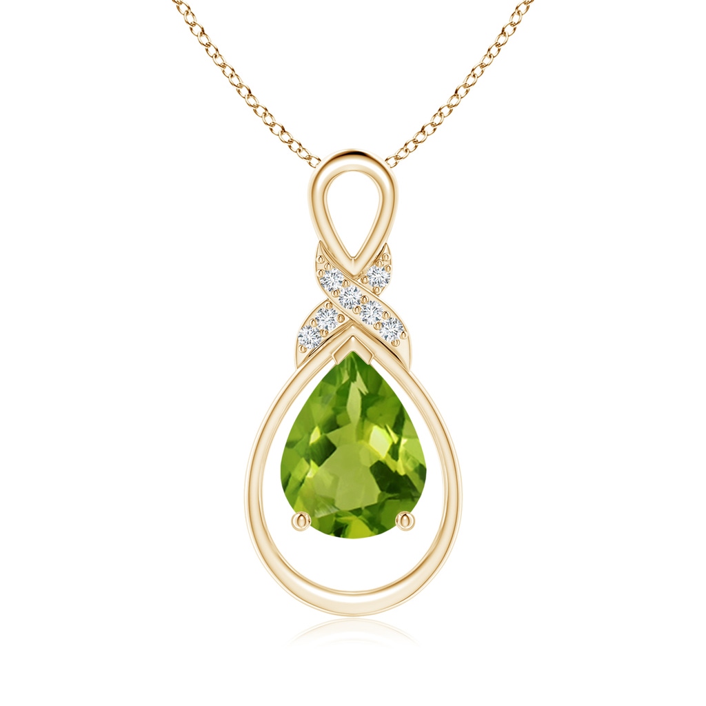 9x7mm AAAA Peridot Infinity Pendant with Diamond 'X' Motif in Yellow Gold 