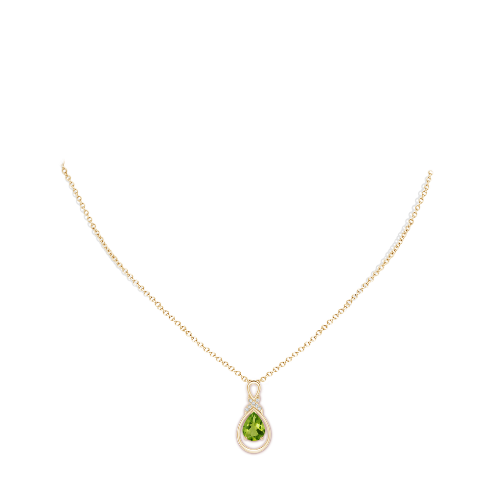 9x7mm AAAA Peridot Infinity Pendant with Diamond 'X' Motif in Yellow Gold Body-Neck