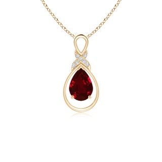 7x5mm AAAA Ruby Infinity Pendant with Diamond 'X' Motif in Yellow Gold