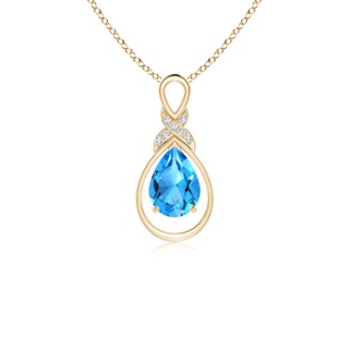 7x5mm AAAA Swiss Blue Topaz Infinity Pendant with Diamond 'X' Motif in Yellow Gold