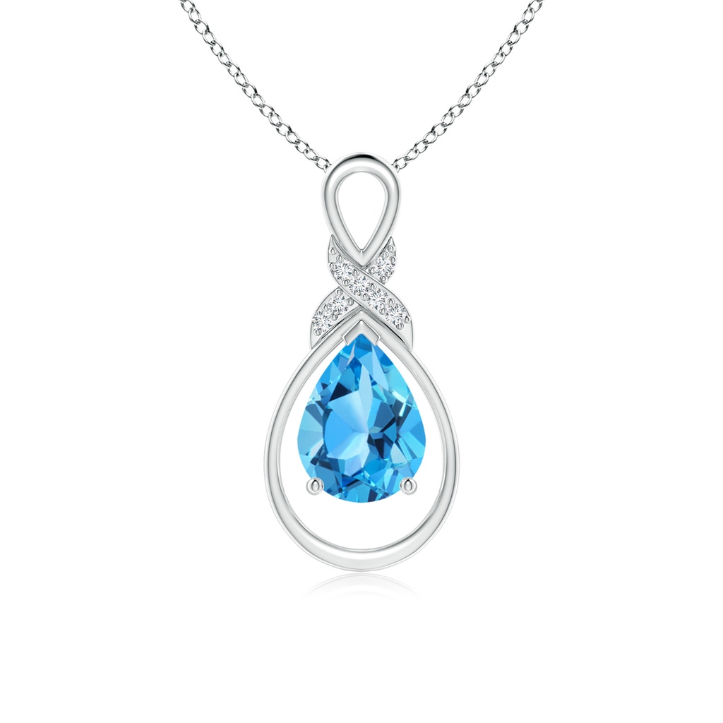 8x6mm AAA Swiss Blue Topaz Infinity Pendant with Diamond 'X' Motif in White Gold 