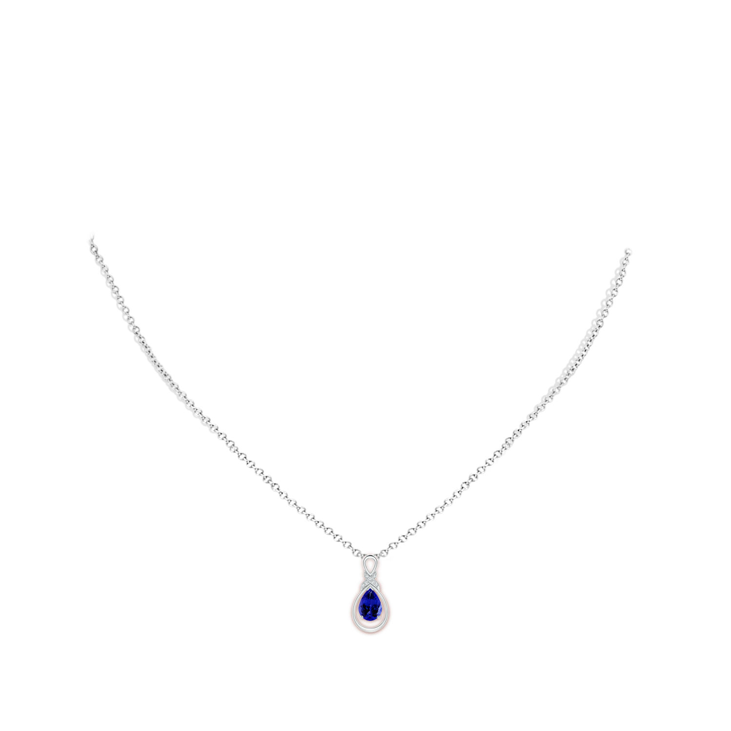 7x5mm AAAA Tanzanite Infinity Pendant with Diamond 'X' Motif in White Gold - body_neck
