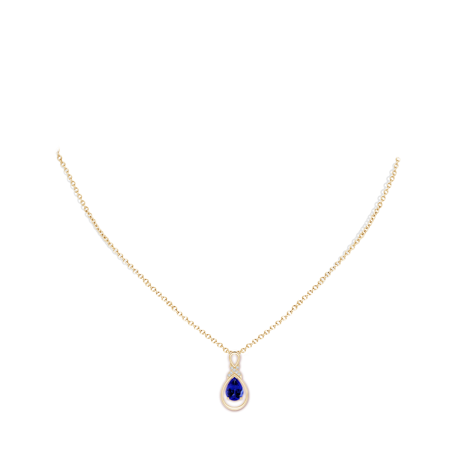 8x6mm AAAA Tanzanite Infinity Pendant with Diamond 'X' Motif in Yellow Gold body-neck