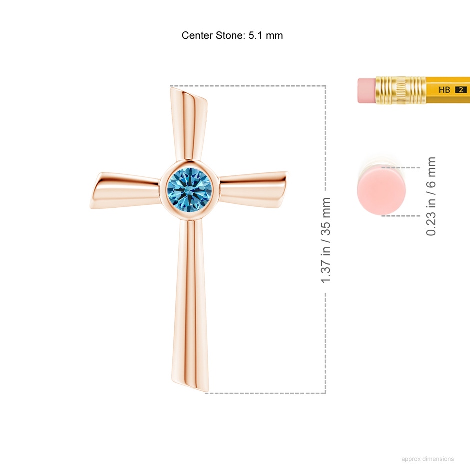 5.1mm AAAA Solitaire Fancy Intense Blue Diamond Cross Pendant in Rose Gold ruler
