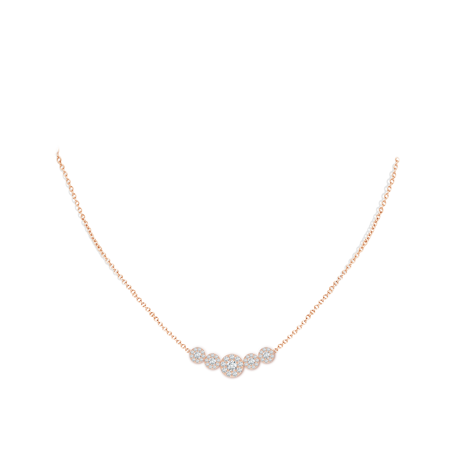 3.8mm GVS2 Graduated Five Stone Diamond Halo Necklace in Rose Gold body-neck