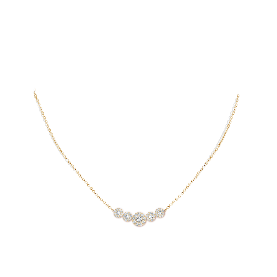 3.8mm GVS2 Graduated Five Stone Diamond Halo Necklace in Yellow Gold body-neck