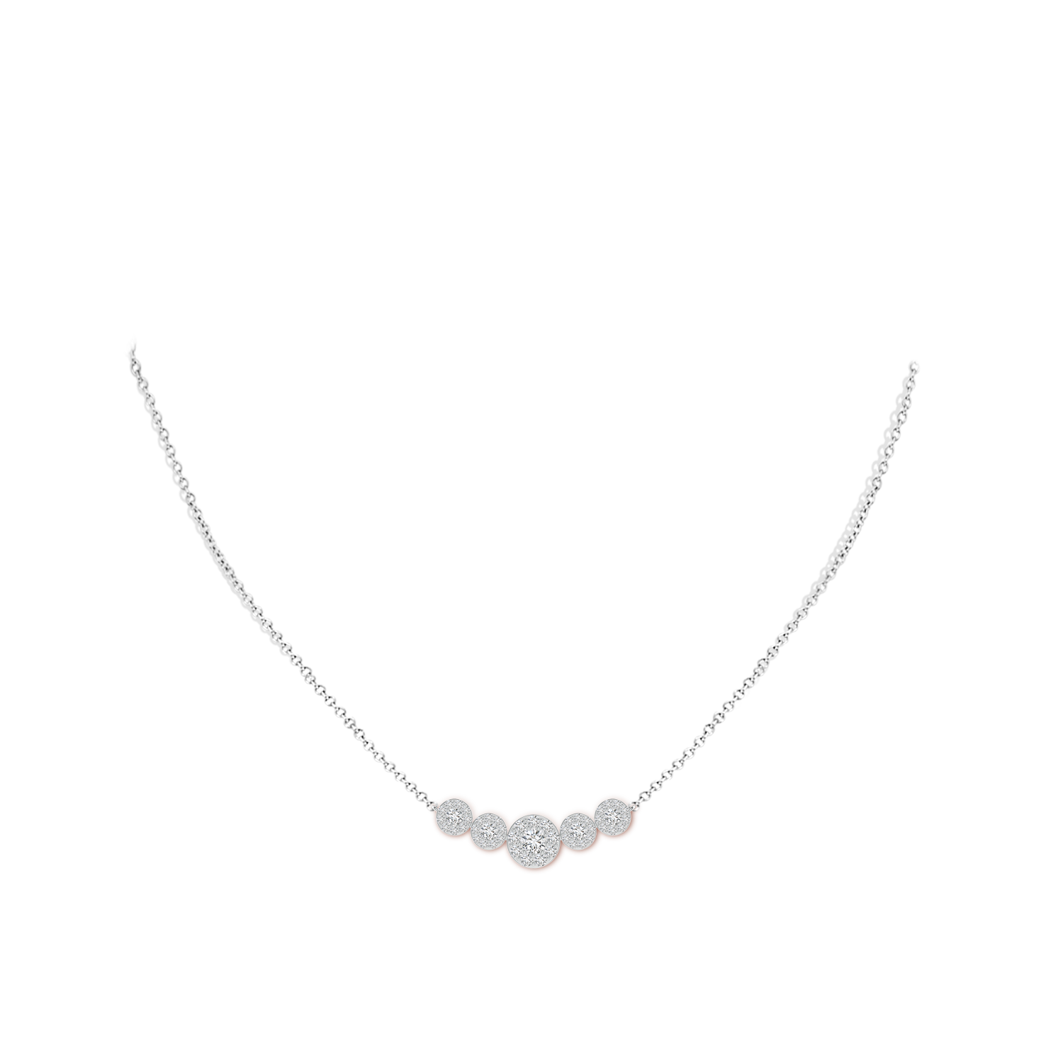 3.8mm HSI2 Graduated Five Stone Diamond Halo Necklace in White Gold - body_neck