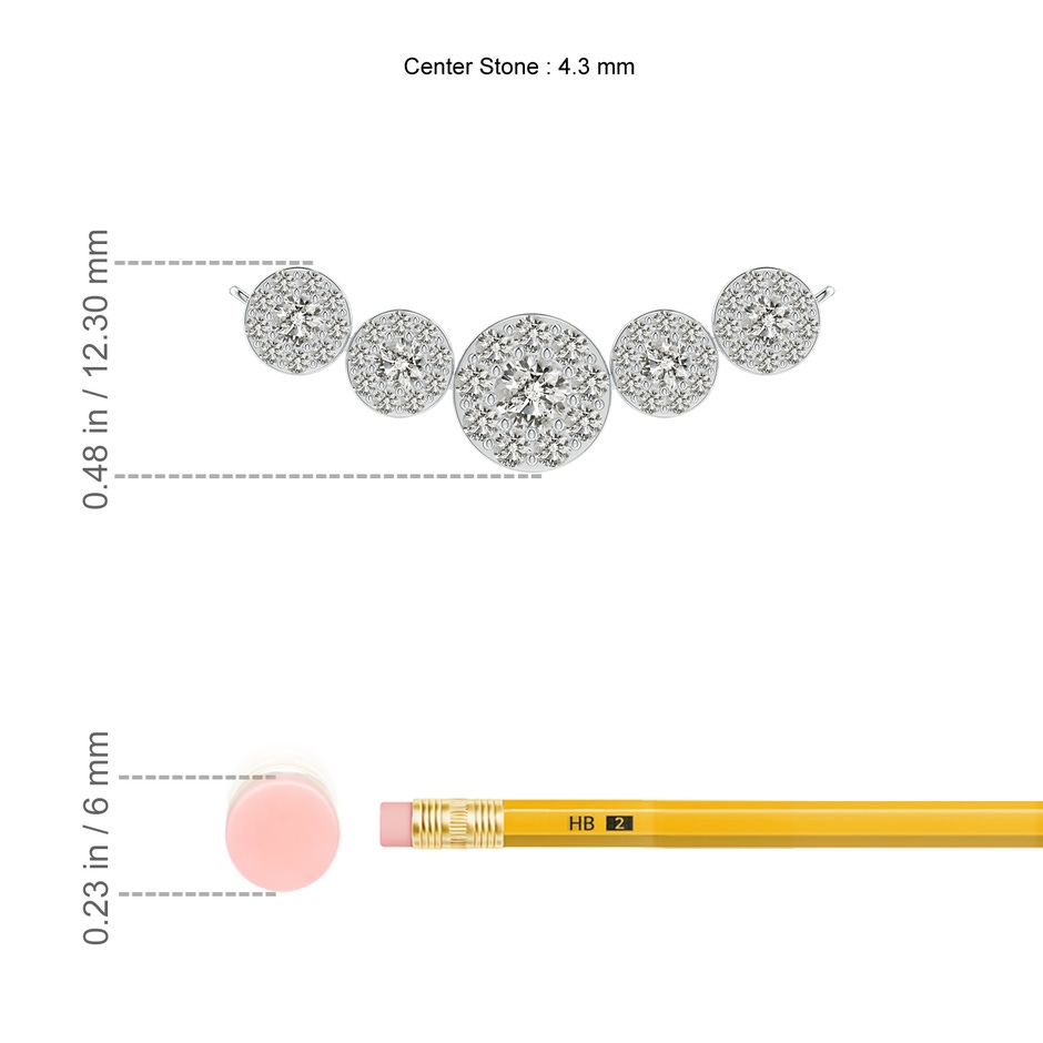 4.3mm KI3 Graduated Five Stone Diamond Halo Necklace in White Gold ruler