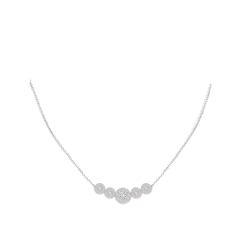 4.7mm HSI2 Graduated Five Stone Diamond Halo Necklace in White Gold body-neck