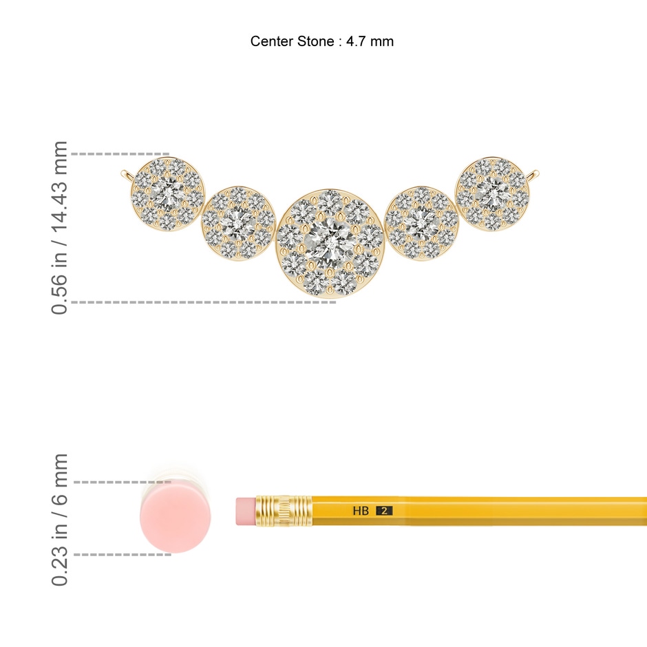 4.7mm KI3 Graduated Five Stone Diamond Halo Necklace in Yellow Gold ruler