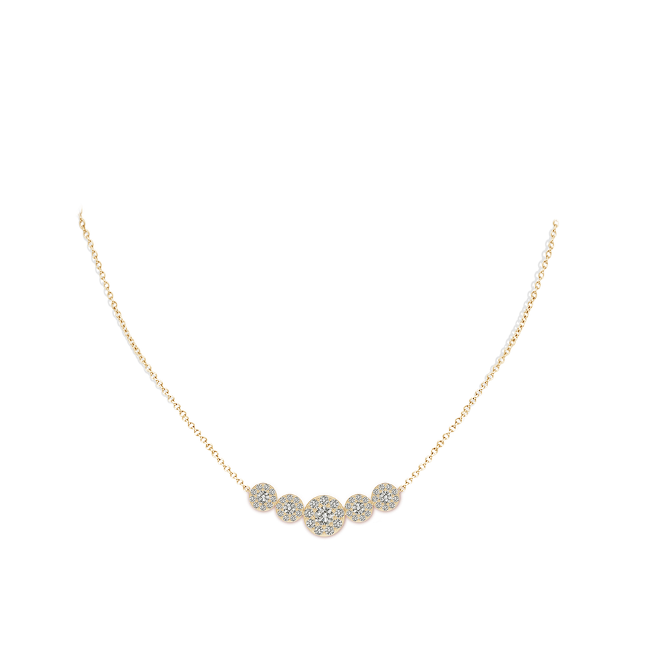 4.7mm KI3 Graduated Five Stone Diamond Halo Necklace in Yellow Gold body-neck