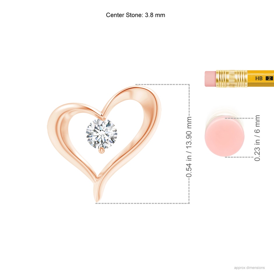 3.8mm GVS2 Solitaire Diamond Ribbon Heart Pendant in Rose Gold ruler