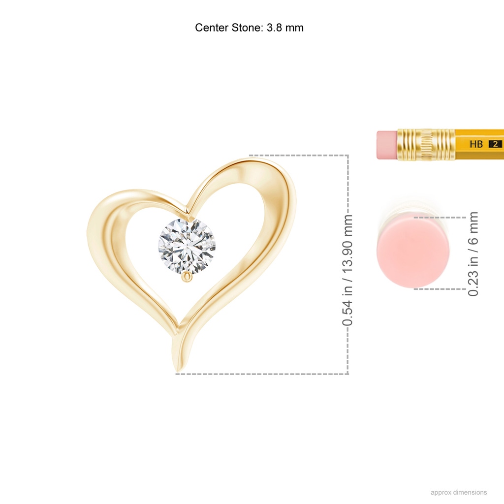 3.8mm HSI2 Solitaire Diamond Ribbon Heart Pendant in Yellow Gold ruler