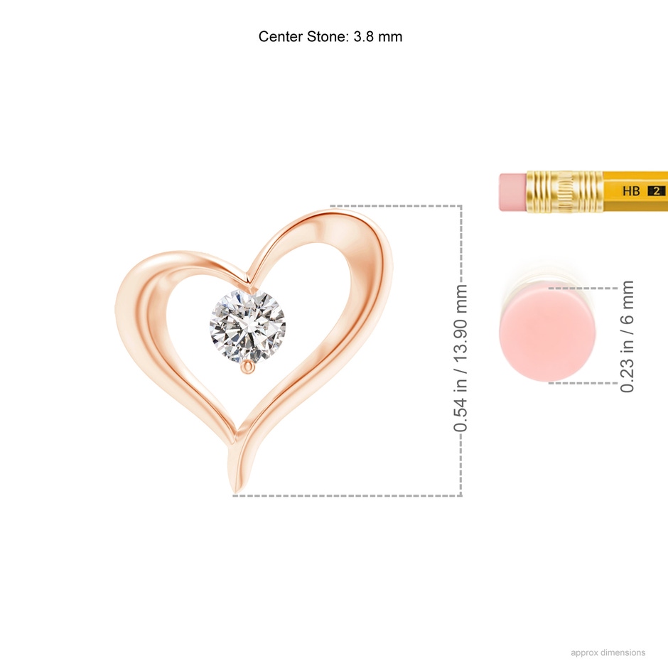 3.8mm IJI1I2 Solitaire Diamond Ribbon Heart Pendant in Rose Gold ruler
