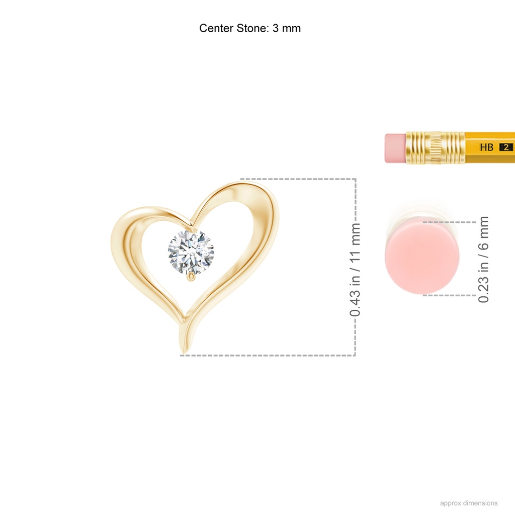 3mm GVS2 Solitaire Diamond Ribbon Heart Pendant in Yellow Gold ruler