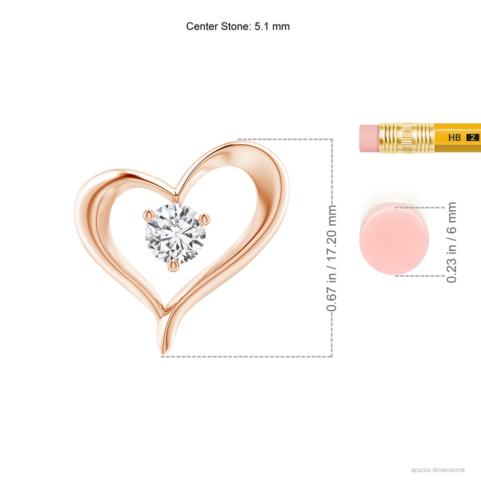 5.1mm HSI2 Solitaire Diamond Ribbon Heart Pendant in Rose Gold ruler