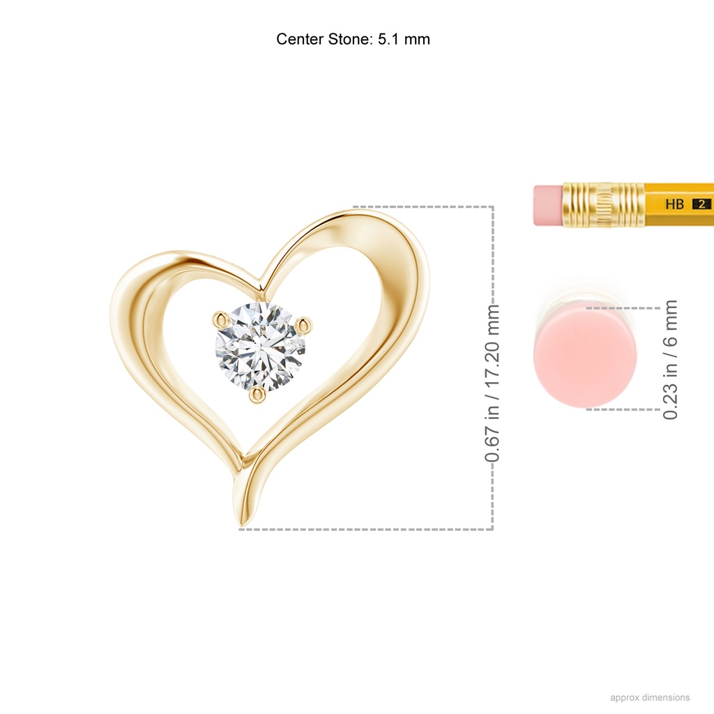 5.1mm HSI2 Solitaire Diamond Ribbon Heart Pendant in Yellow Gold ruler