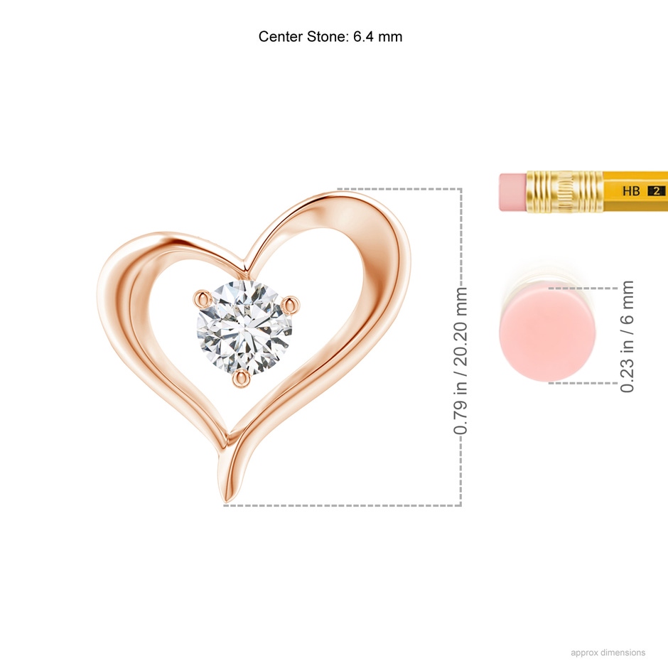 6.4mm HSI2 Solitaire Diamond Ribbon Heart Pendant in Rose Gold ruler