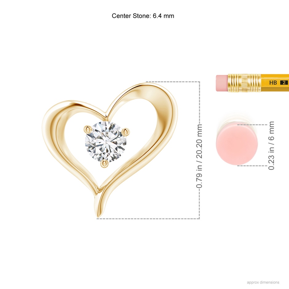 6.4mm HSI2 Solitaire Diamond Ribbon Heart Pendant in Yellow Gold ruler