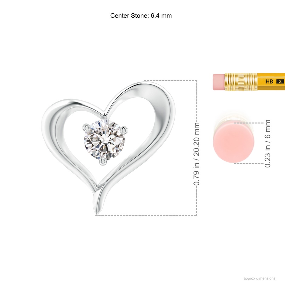 6.4mm IJI1I2 Solitaire Diamond Ribbon Heart Pendant in White Gold ruler