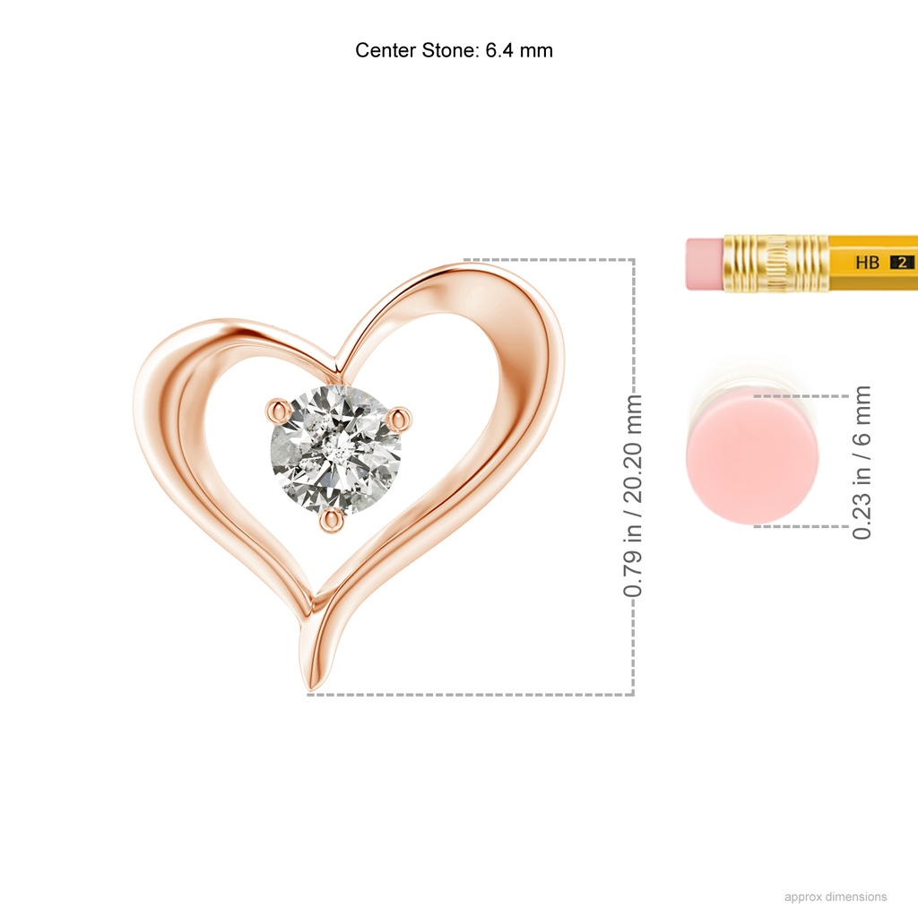 6.4mm KI3 Solitaire Diamond Ribbon Heart Pendant in Rose Gold ruler