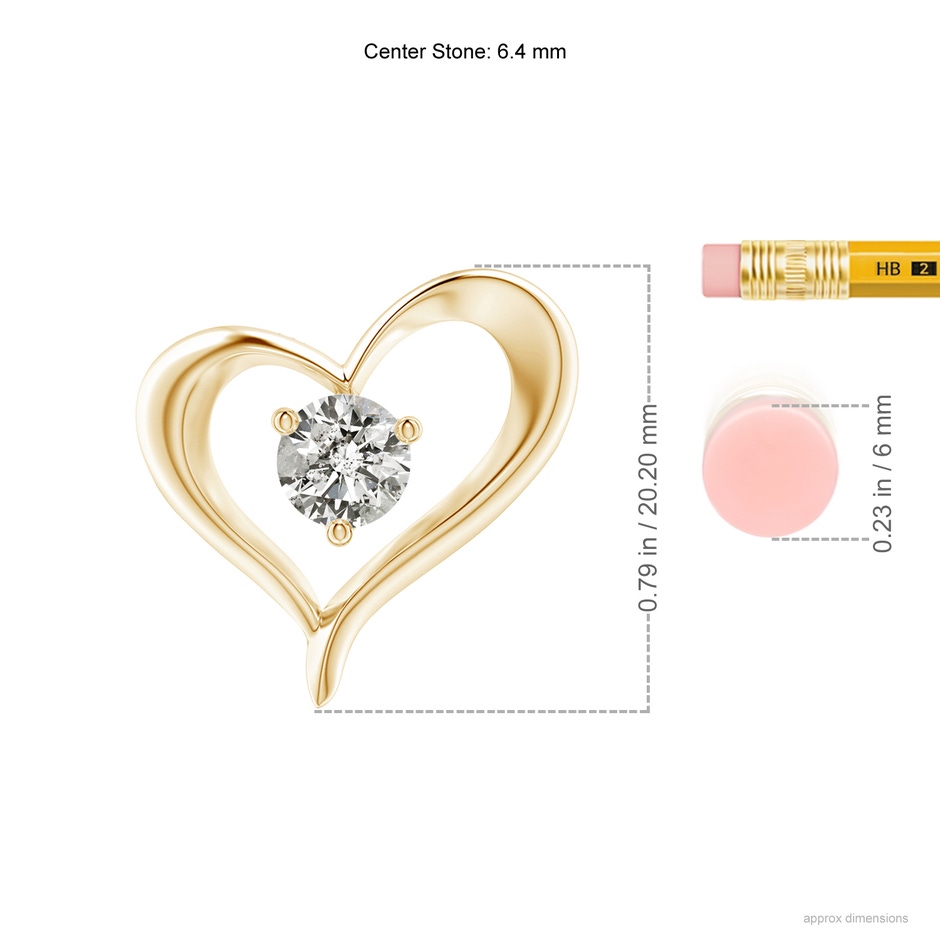 6.4mm KI3 Solitaire Diamond Ribbon Heart Pendant in Yellow Gold ruler