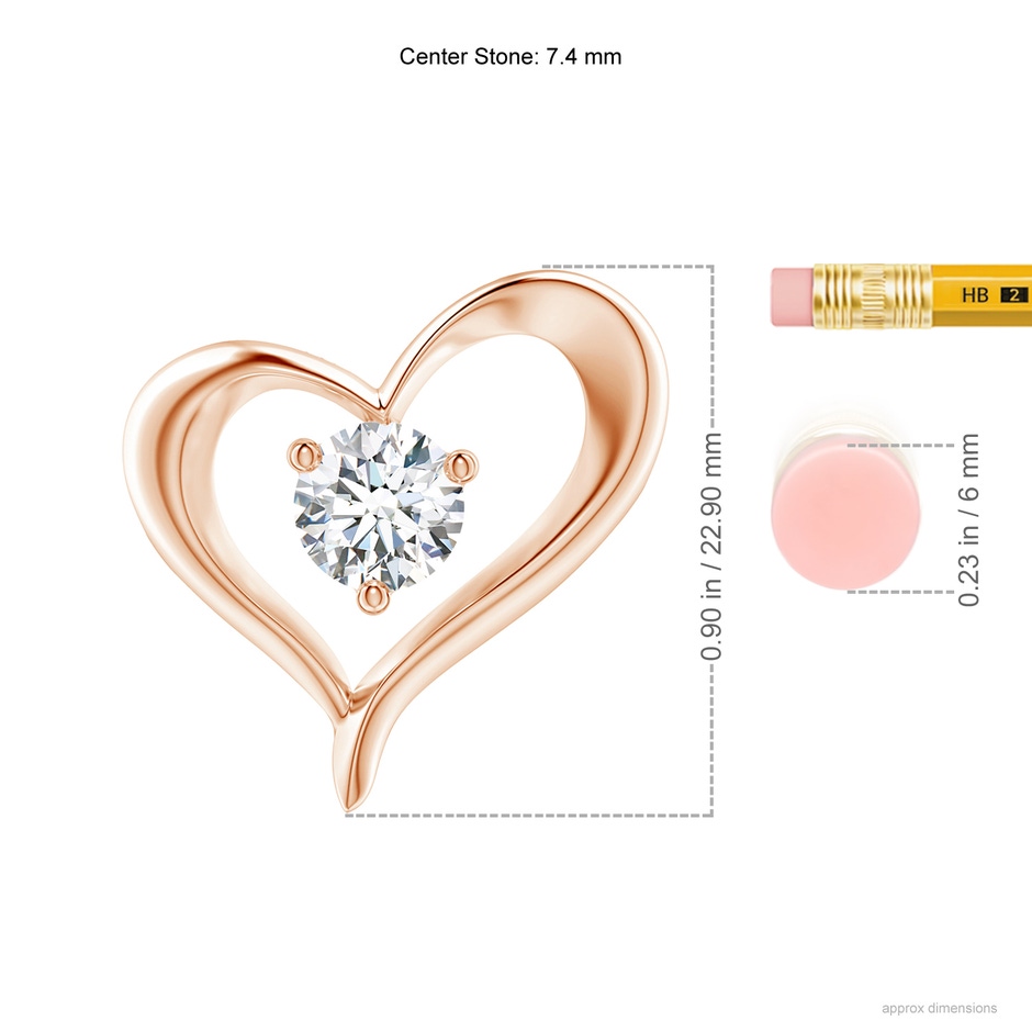 7.4mm GVS2 Solitaire Diamond Ribbon Heart Pendant in Rose Gold ruler