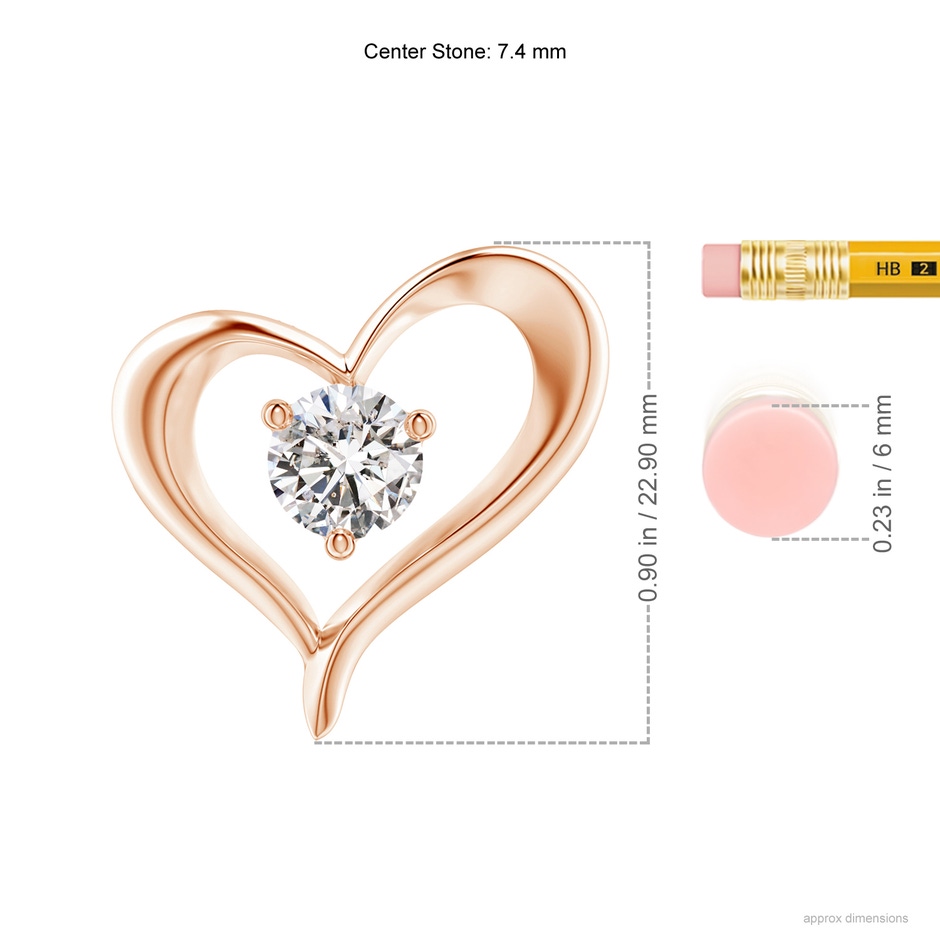 7.4mm IJI1I2 Solitaire Diamond Ribbon Heart Pendant in Rose Gold ruler