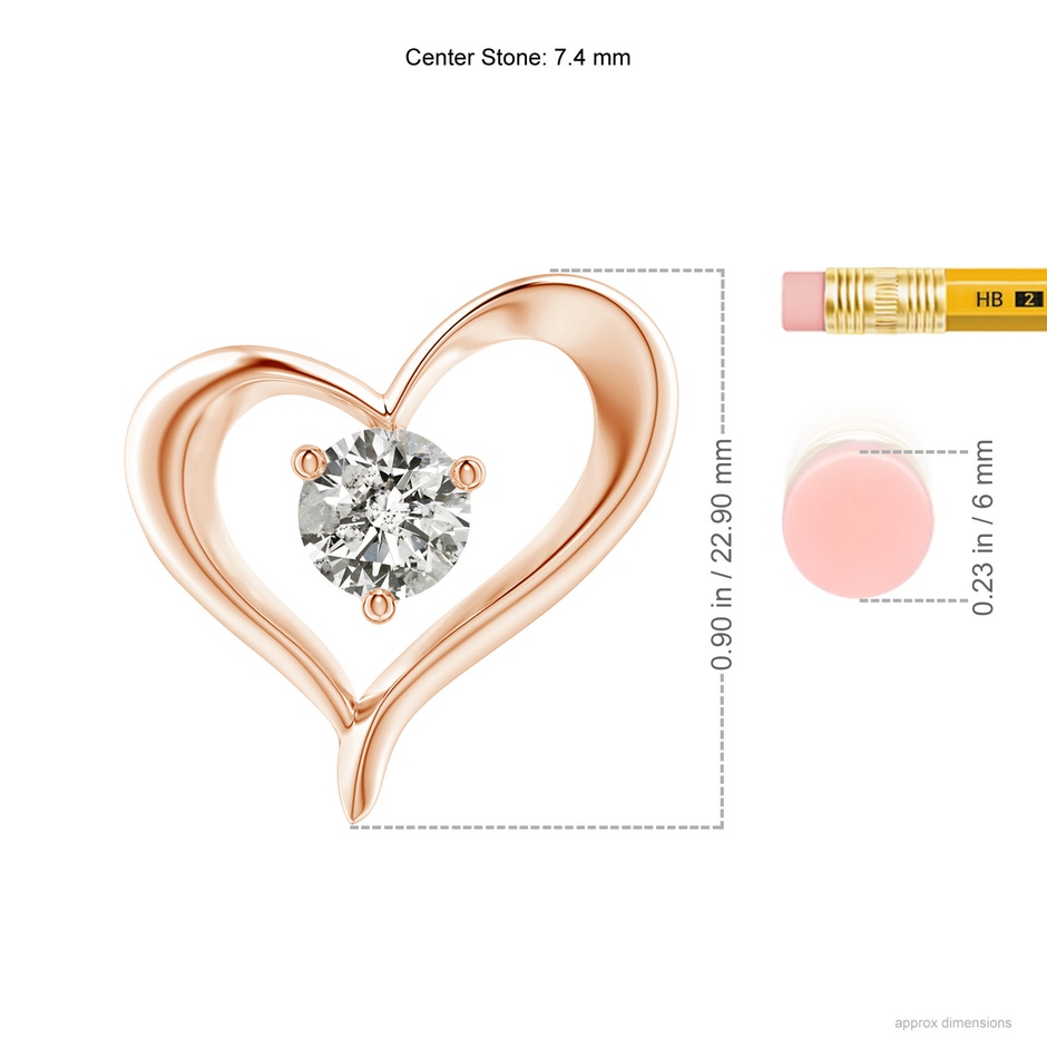 7.4mm KI3 Solitaire Diamond Ribbon Heart Pendant in Rose Gold ruler