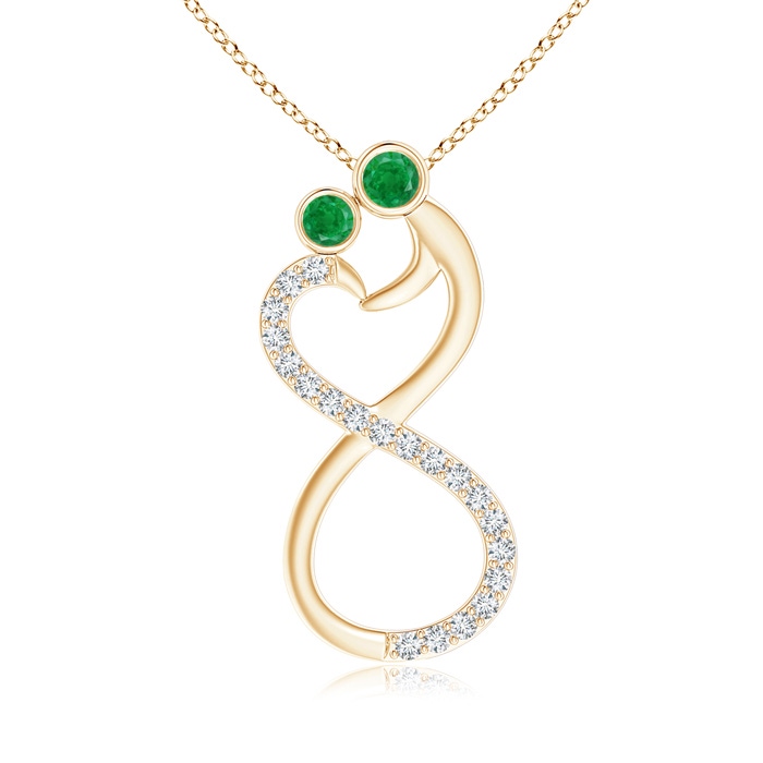 3.2mm AA Mom & Me Emerald Two Stone Infinity Pendant in Yellow Gold 